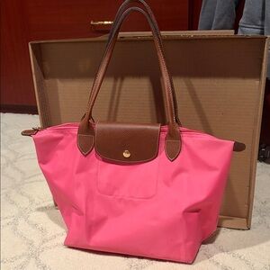 Longchamp Pink Tote with Brown Leather Trim